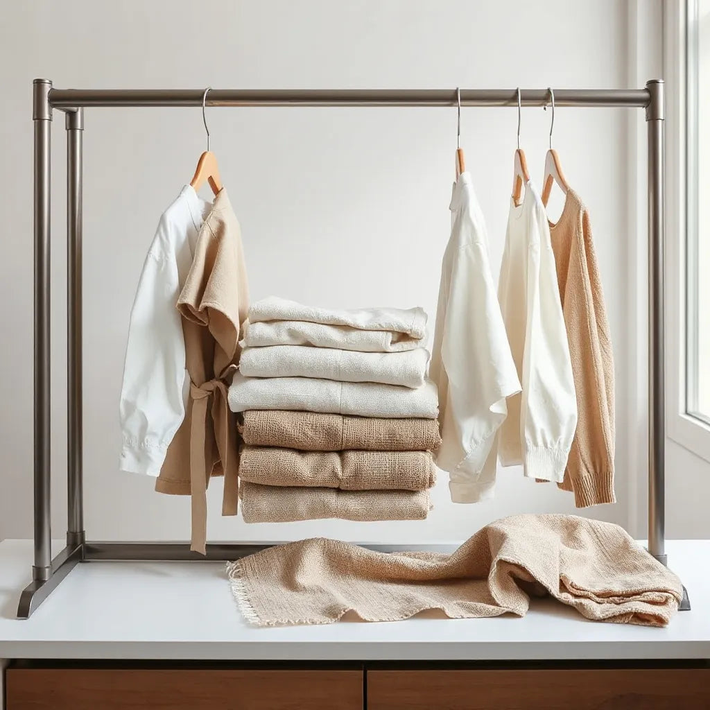 Vêtements en matières naturelles sur un portant minimaliste, avec échantillons de tissus près de la lumière du jour
