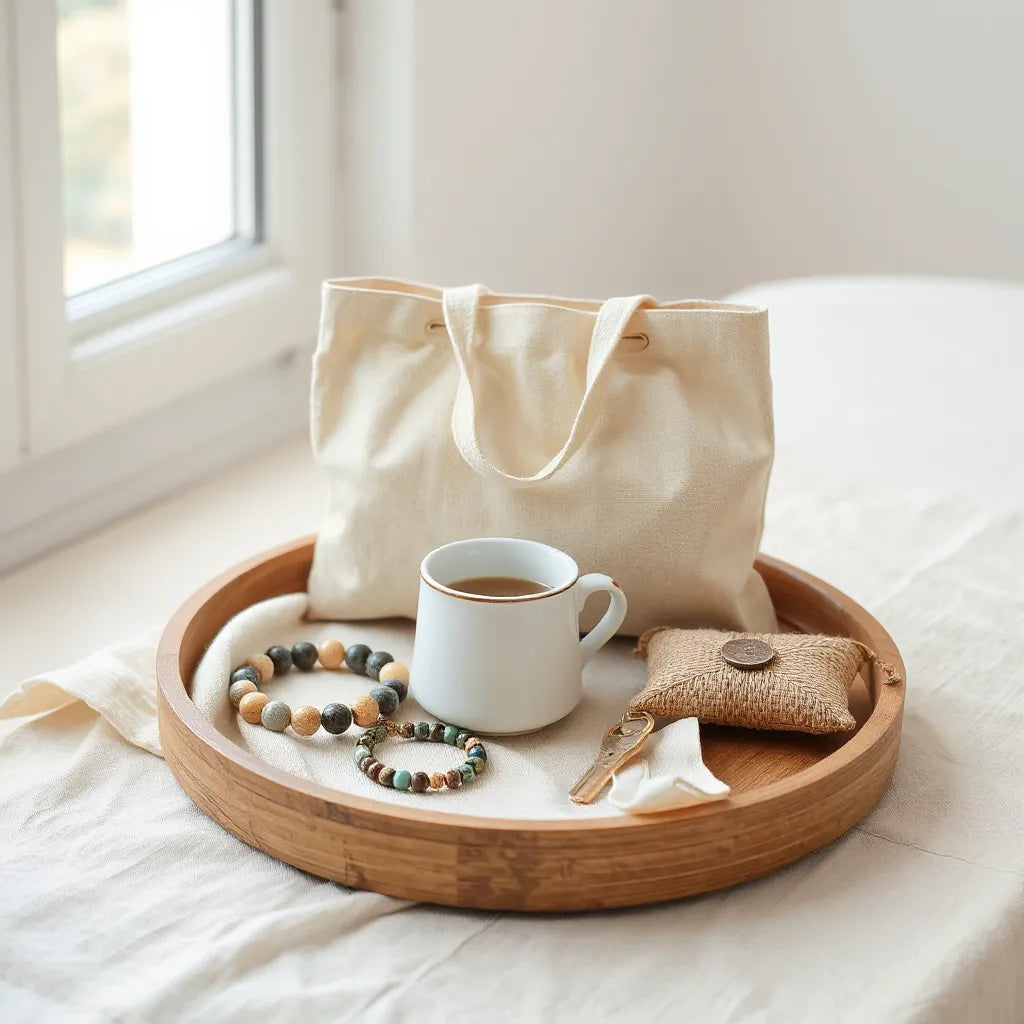 Accessoires artisanaux équitables en matières naturelles posés sur un plateau en bois, lumière douce et décor minimal.