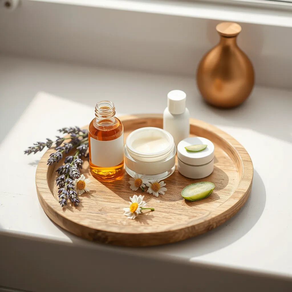 Flacons et crème de soins naturels sur un plateau en bois, avec fleurs de camomille et lavande