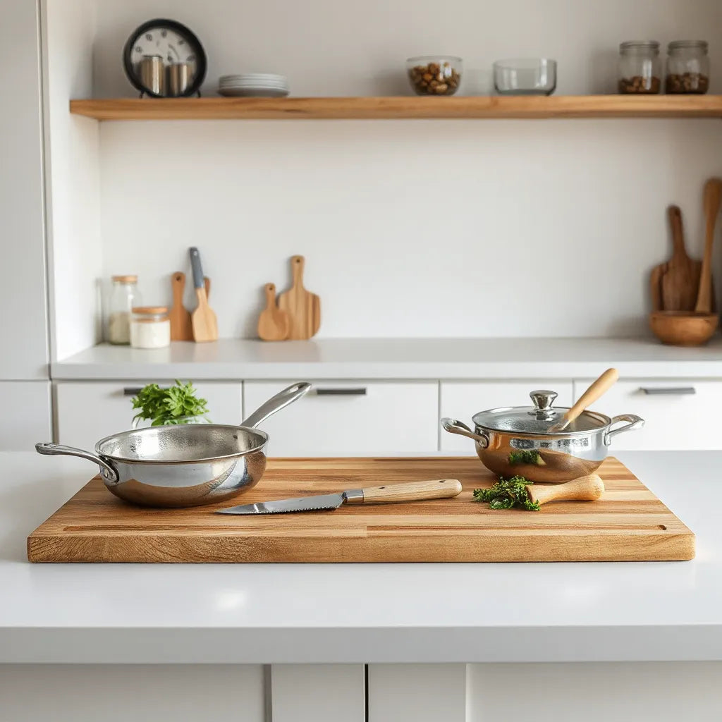 Plan de travail épuré avec ustensiles essentiels bien rangés et boîtes de stockage en verre