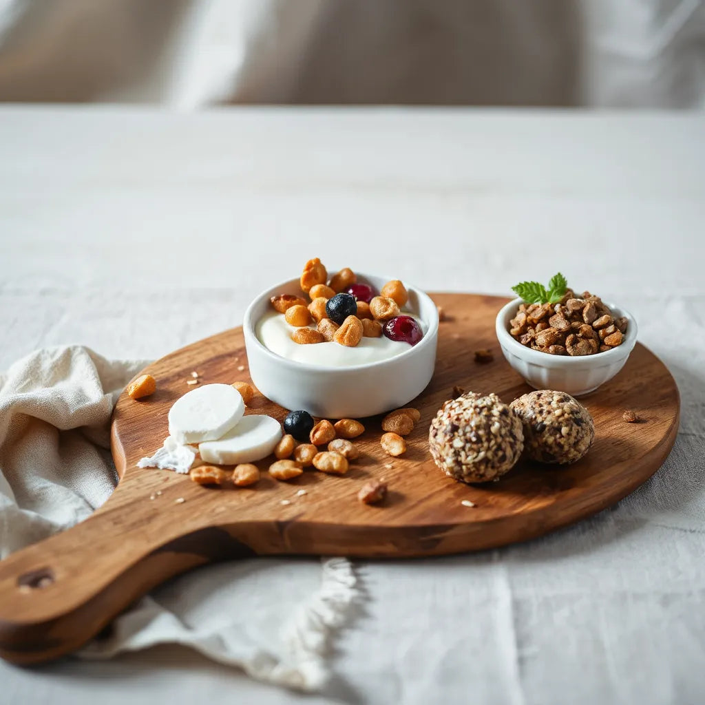 Trois collations protéinées végétales sur une planche en bois, avec fruits et graines.