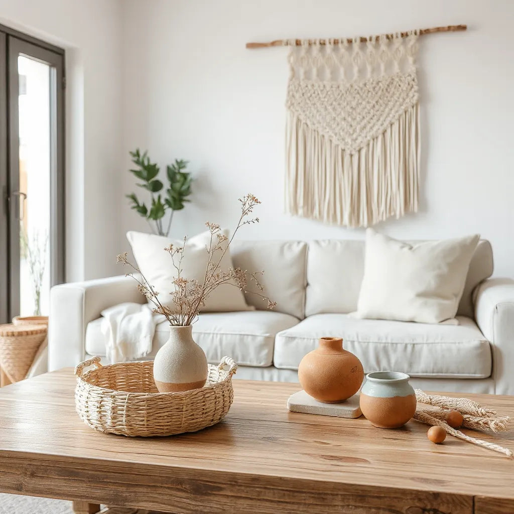 Décor intérieur chaleureux avec vase en céramique, fleurs séchées et suspension en macramé