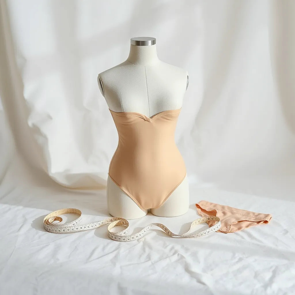 Shapewear taille haute beige posée près d’un mètre ruban sur fond blanc