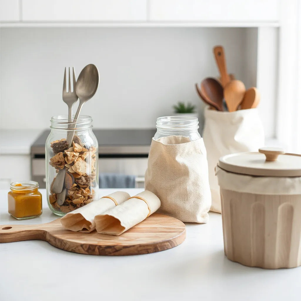 Accessoires réutilisables en cuisine pour un mode de vie zéro déchet : bocaux, wraps, sacs et compost.