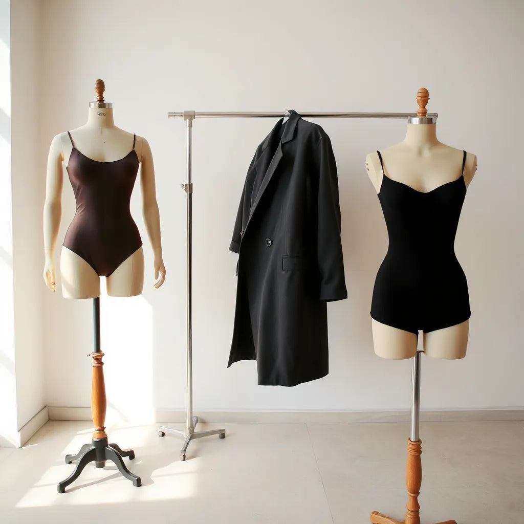 Vêtements de modelage sur mannequin et tenue lisse, composition minimaliste en lumière naturelle